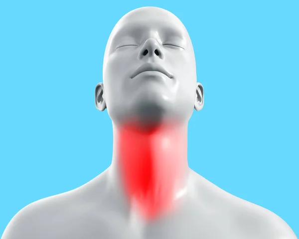 3d render artwork illustration of male gray colored figure with throat pain on blue background.