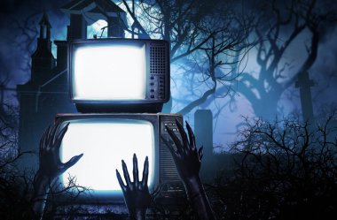 Korku mezarlığında ya da mezarlıktaki canavar zombi elleri olan eski moda hafif televizyonların cadılar bayramı illüstrasyonunu oluşturun..