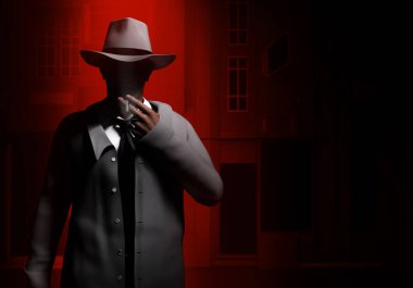 Siyah stil detektifi ya da takım elbiseli ve şapkalı gangsterin Neon Red Street gecesinde sigara içişini gösteren 3D çizim..