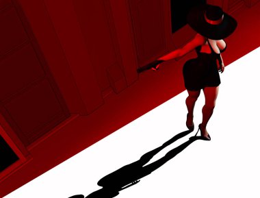 Siyah elbiseli ve şapkalı seksi dedektif hanımın kırmızı tonlu şehir sokağına silah doğrulttuğu 3D tasviri..