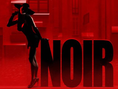 Siyah elbiseli ve şapkalı seksi bir kadının, kırmızı tonlu şehir sokağında tabelasıyla durduğu 3D tasviri..