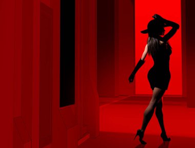 Siyah elbiseli ve şapkalı seksi detektifin 3 boyutlu resmi kırmızı tonlu şehir caddesinde yürüyor..