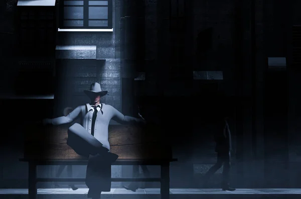 Render Illustration Noir Style Detective Gangster Male Suit Hat Sitting — Stock Photo, Image