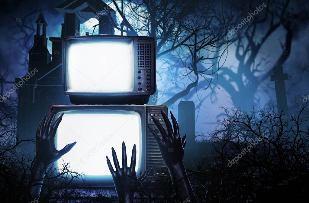 3d render halloween illustration of old fashioned lightened tv sets standing on horror cemetery or graveyard background with monster zombie black hands.