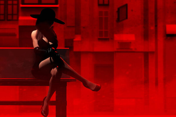 Render Illustration Sexy Noir Lady Black Dress Hat Sitting Red Royalty Free Stock Images