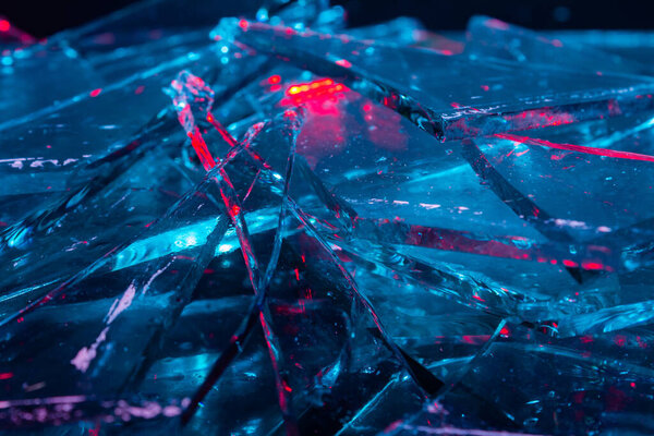 Close Photo Texture Blue Red Toned Broken Cracked Glass Black Stock Photo