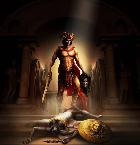 用剑和金盾在古希腊庙宇中描绘希腊神话战士珀尔修斯击败怪物女神梅杜莎戈尔贡的艺术图解 — 图库照片