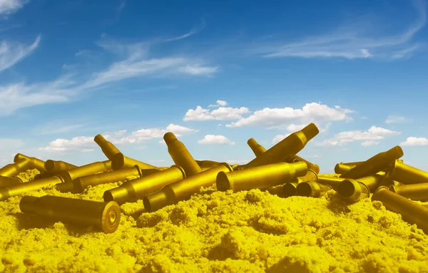 Photo Ukrainian Country Flag Made Bullet Shells Daylight Blue Sky — Photo