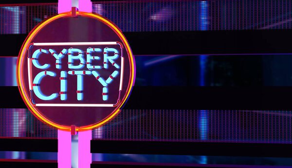 Render Illustration Night Cyber City Neon Sign Metal Panels Royalty Free Stock Images