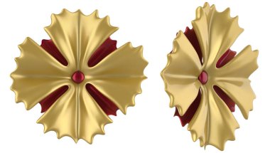 Beyaz arka planda kırmızı taç yapraklı altın heraldik metal çiçeğinin izole edilmiş 3D çizimi.