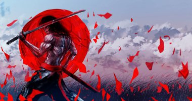 Fantezi samuray ya da kılıçlı Japon savaşçının sanatsal çizimleri rüzgarlı arazi arka planında duruyor..