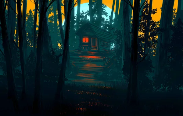 満月と輝く背景を持つ深い森の中で幽霊のような小屋やキャビンの恐怖と恐ろしいアートワークイラスト — ストック写真