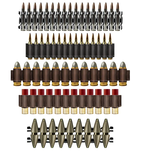 Isolierte Illustration Verschiedener Geschoss Oder Munitionsgürtel Auf Weißem Hintergrund — Stockfoto