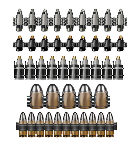 Isolated artwork illustration of various bullet or ammo belts on white background.