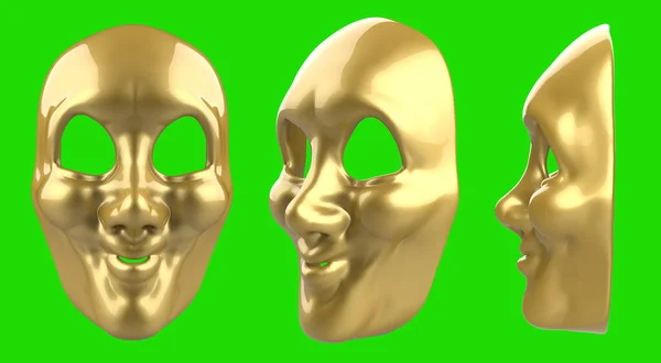 Isolated Render Illustration Golden Smiling Theatrical Mask Greenscreen Backgorund — Stock Photo, Image