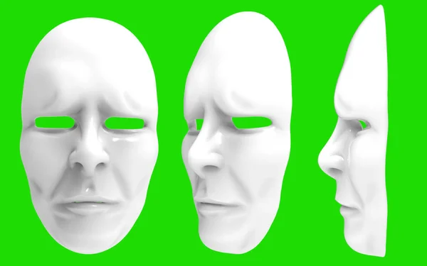 Izolované Vykreslení Ilustrace Bílé Smutné Divadelní Masky Zeleném Pozadí — Stock fotografie