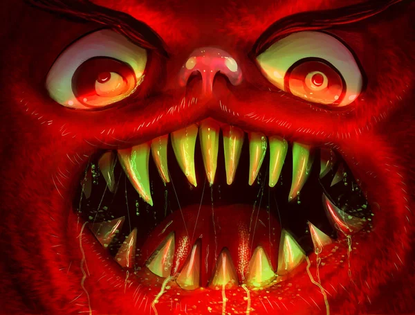 Horror Artwork Illustratie Van Eng Rood Gekleurde Monster Gezicht Met — Stockfoto