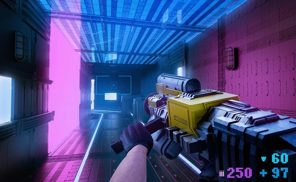 第一人称视角射击游戏臂在科幻宇宙飞船走廊背景下手持未来枪或来复枪的3D渲染说明 — 图库照片