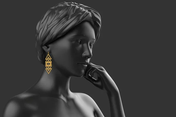 Illustration Mannequin Fille Ton Noir Avec Boucles Oreilles Géométriques Dorées — Photo