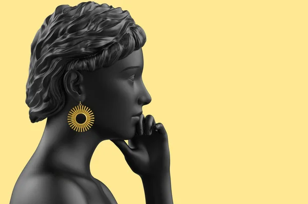 黄底金色几何形状耳环的黑发女孩人体模特3D渲染图 — 图库照片