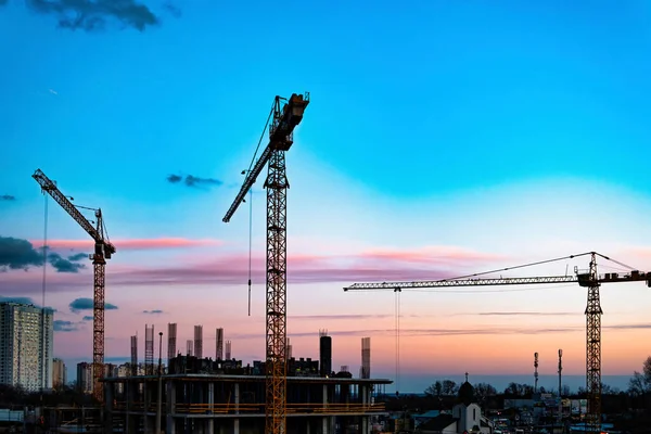 Construction Site Crane Silhouette Cranes Industry Concept Natural Background Sunset — Stock Photo, Image