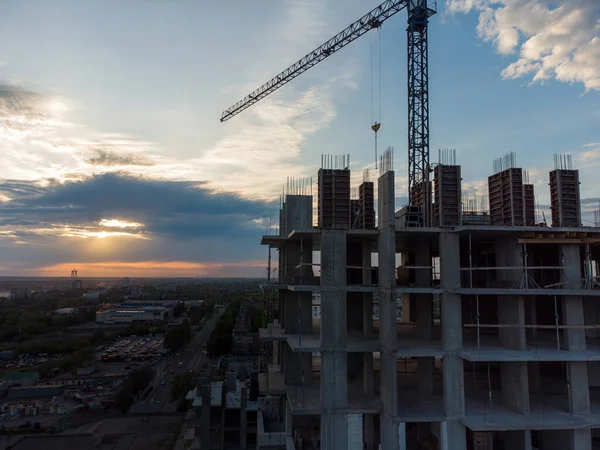 Construction Site Cranes Background Evening Sky Turret Slewing Cranes Working — Stock Photo, Image