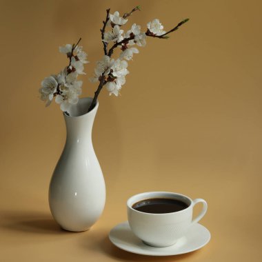 Kayısı çiçeği dallı bir fincan kahve ve kopyalama alanı.