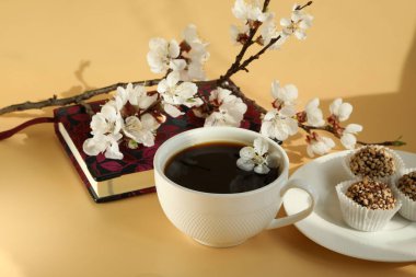 Kayısı çiçeği dallı bir fincan kahve ve kopyalama alanı.