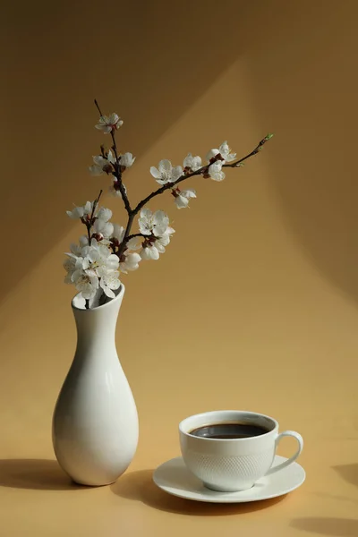 Cup Coffee Apricot Blossom Branch Copy Space — Stock Photo, Image