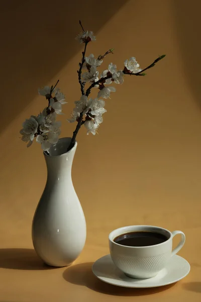 Cup Coffee Apricot Blossom Branch Copy Space — Stock Photo, Image