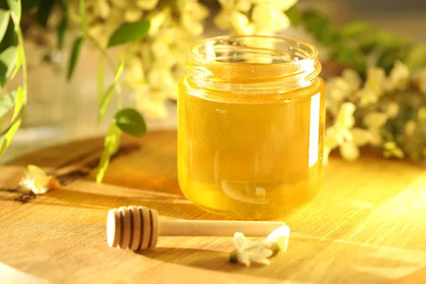Jar Honey Flowers — Stock Photo, Image