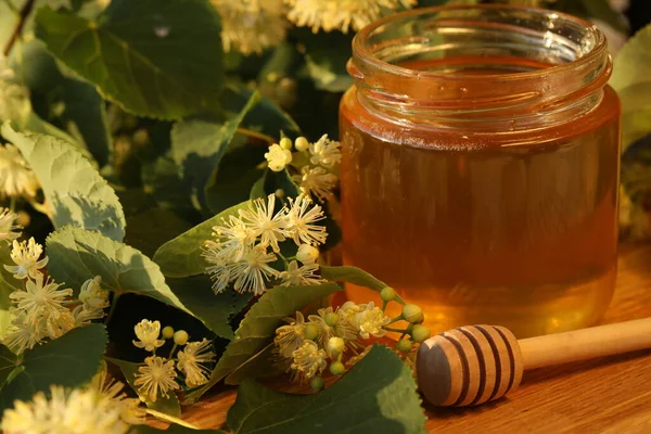 jar of linden honey with linden blossom