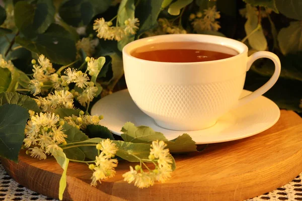 Cup Herbal Tea Beautiful Linden Blossom — Stock Photo, Image