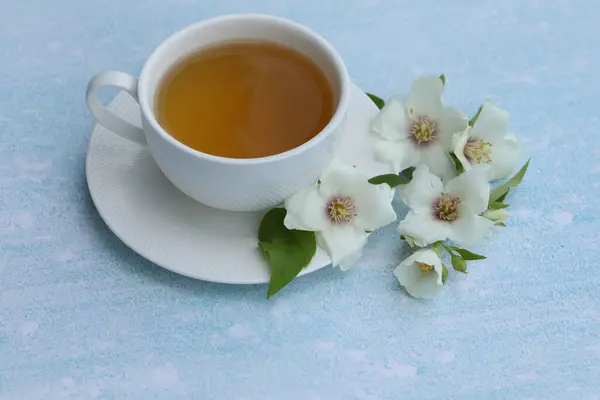 Cup Herbal Tea Jasmine Flowers Blue Background — Stock Photo, Image