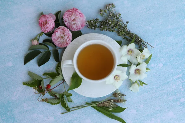 Cup Herbal Tea Summer Flowers Blue Background — Stock Photo, Image