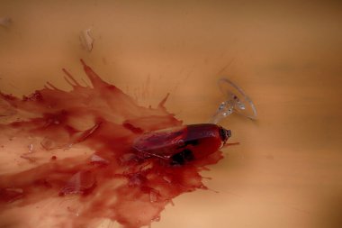 broken glass with red wine on pink background with copy space