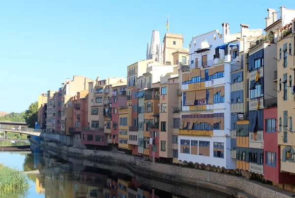 Girona kust med färgglada struktura tavaszi táj, fűzfa költségeket a víz a nap sugarai — Stockfoto
