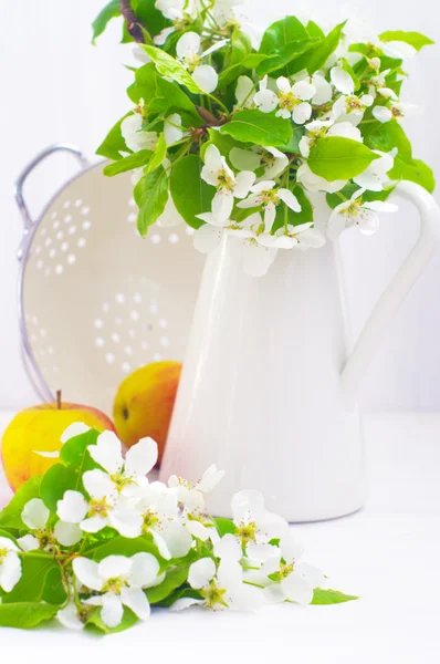 Appels bloemen en witte kruik — Stockfoto