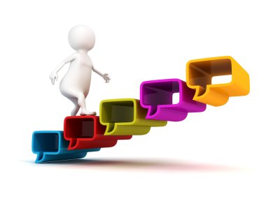 3D adam konuşma kabarcıklar başarı merdiveni adımları