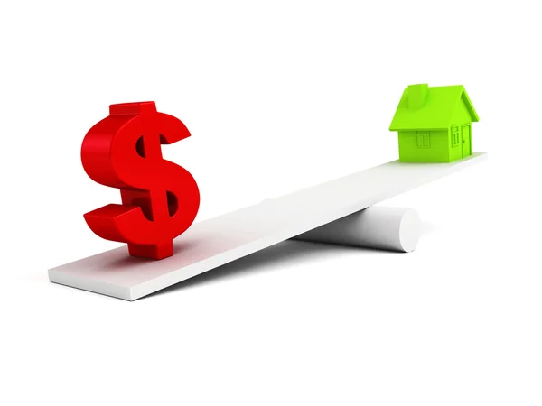 Dollar symbol and house icon on scale balance — Stock Photo, Image