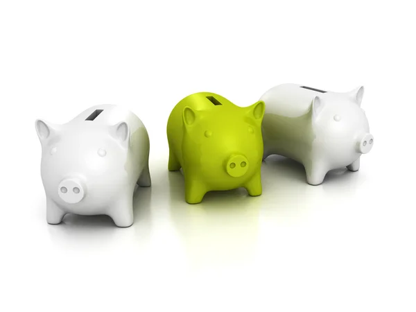 Green piggy bank out from two white — Stock Photo, Image
