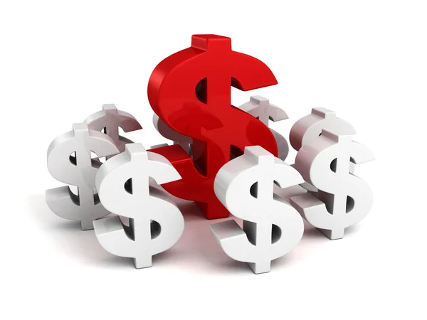 Big red dollar currency symbol as leader of white group — Stock Photo, Image