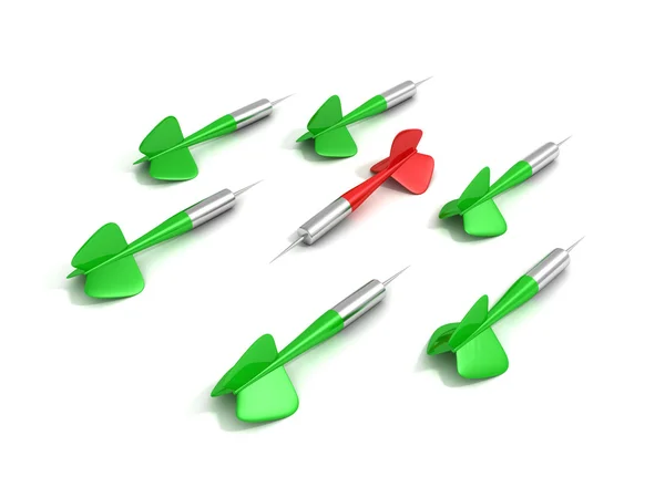 Zestaw różnych dart czerwona strzałka się od innych zielony — Zdjęcie stockowe
