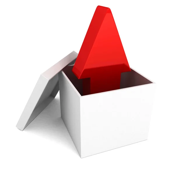 Red arrow out from white delivery or gift box — Stock Photo, Image