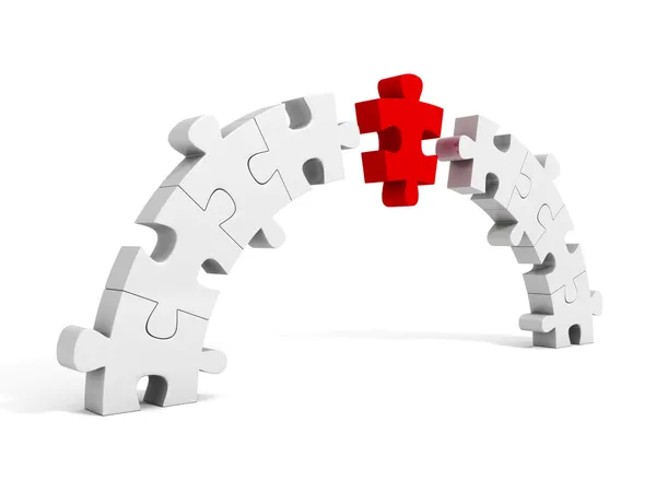 Stukje van rode puzzel verbinding brug twee groepen — Stockfoto