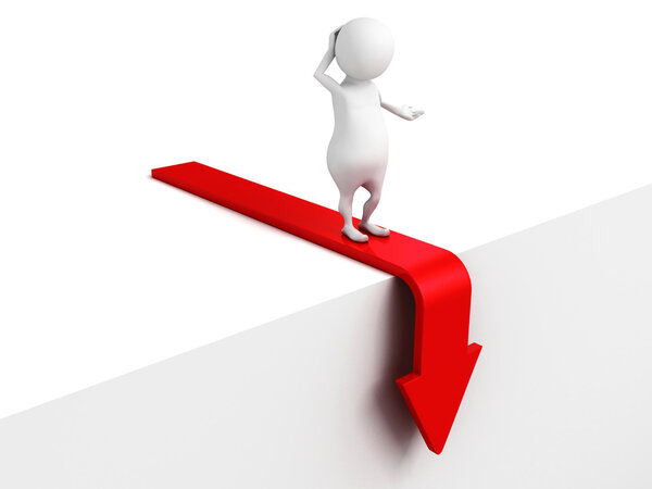 3d confused business man on falling down arrow