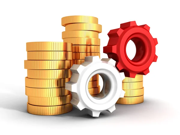 Money work. Business finance concept golden coins and gears — Stock Photo, Image