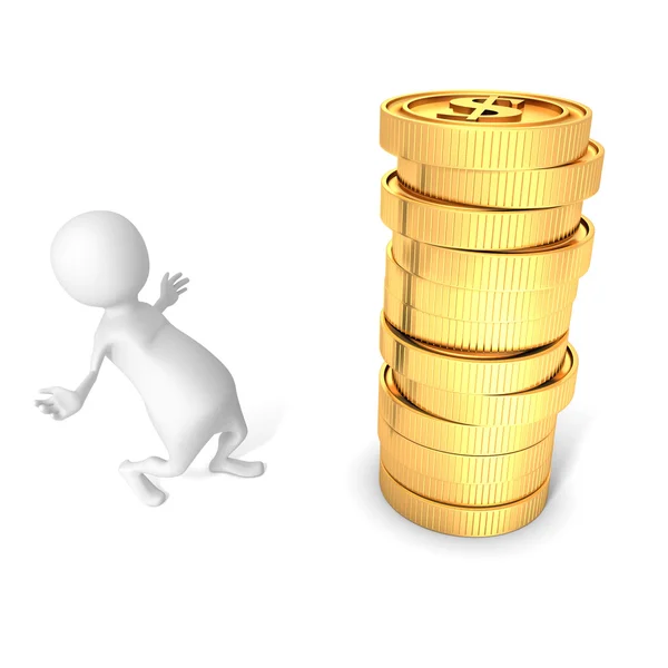 Vit 3d man och en stack av gyllene dollar mynt — Stockfoto