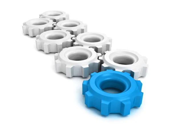 Cooperation teamwork leadership concept gears with one blue — Stock Photo, Image