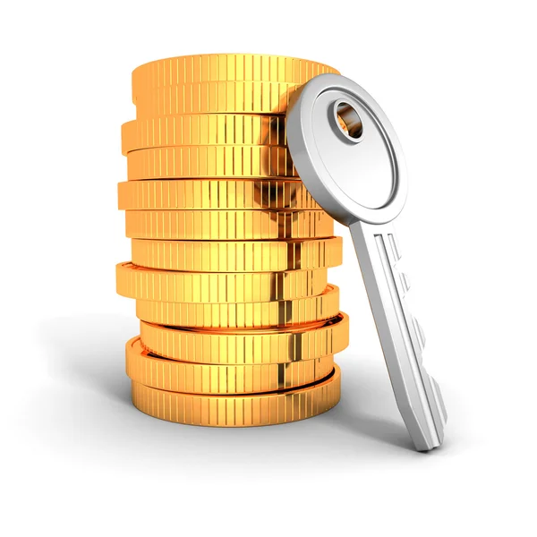 Pila di monete d'oro con chiave metallica. impresa finanziaria succ — Foto Stock